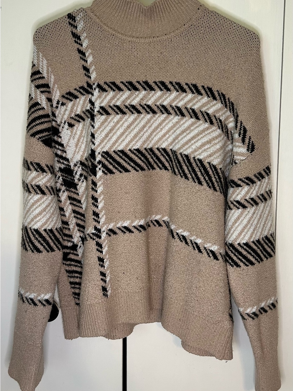 Beige Plaid Mock Neck Women's Sweater